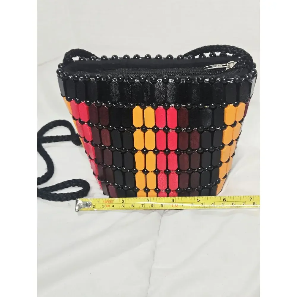 BOHO African Wooden Bead Black Bucket Shoulder Bag Indie Retro Coastal Rasta